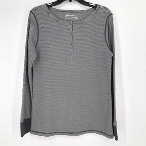 Eddie Bauer Size L Knit Henley Long Sleeve Shirt Gray Stripe Stretch
